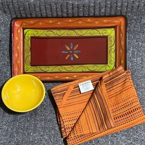 Crate & Barrel 3 pc Platter, Footed Condiment Bowl, and Matching Linen